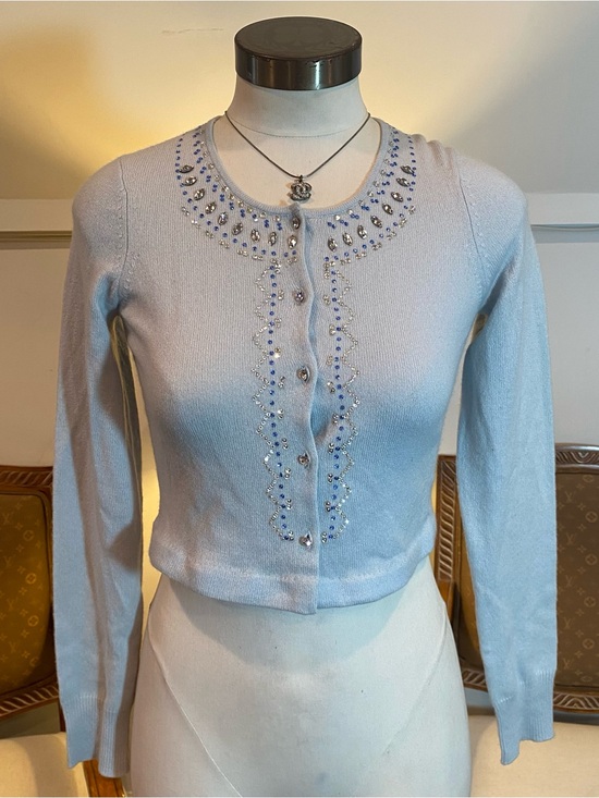 Saks Fifth Avenue Sweaters - Saks Fifth Avenue 100% Cashmere Jeweled Cropped Cardigan Baby Blue Size XS